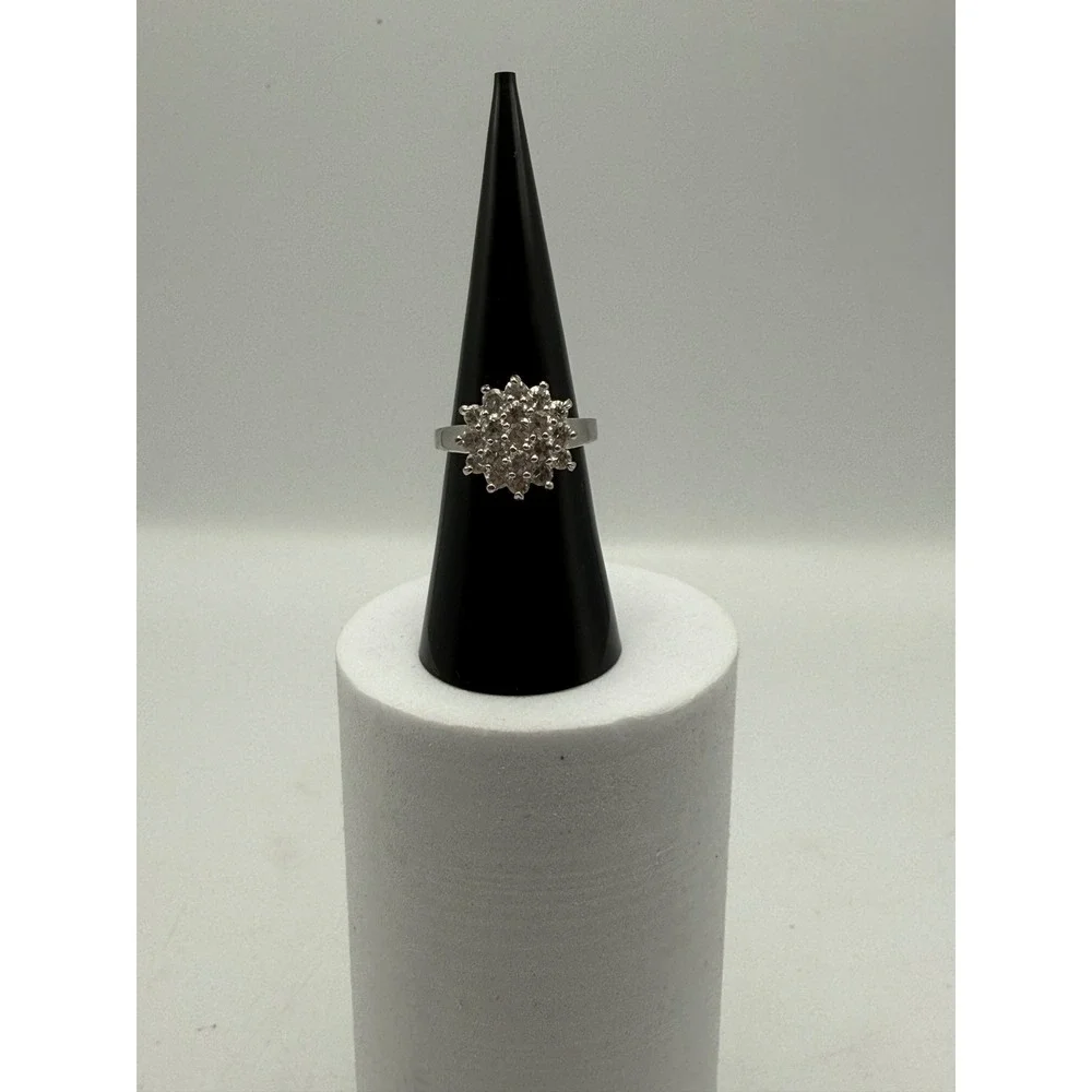 Silver Tone Flower Cluster Cubic Zirconia Statement Ring Size 6